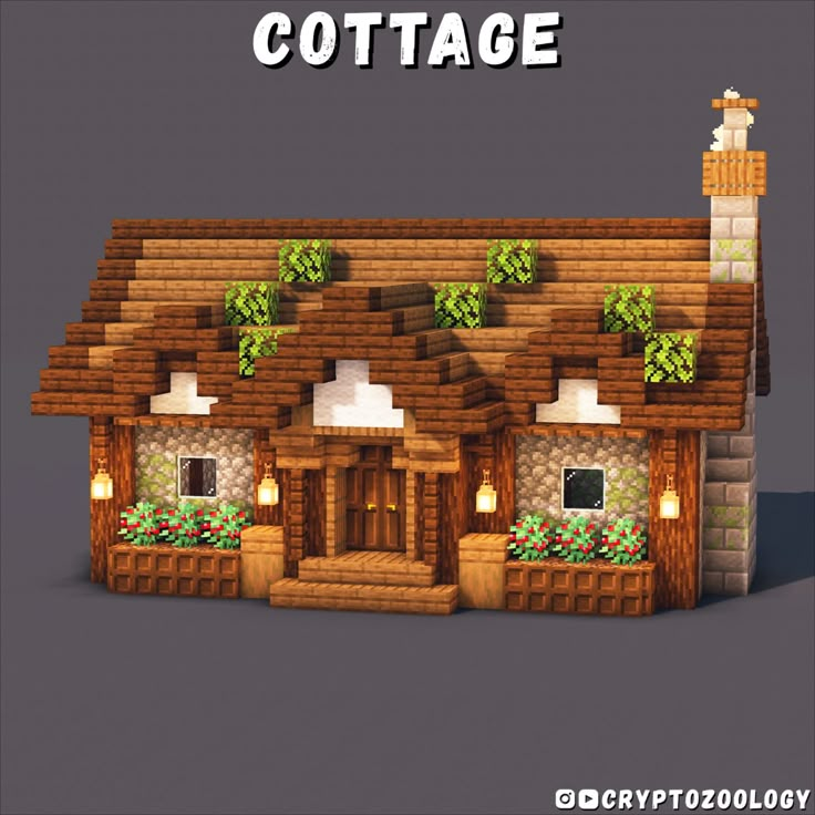 a house made out of wood with plants growing on the roof and windows, text reads cottage