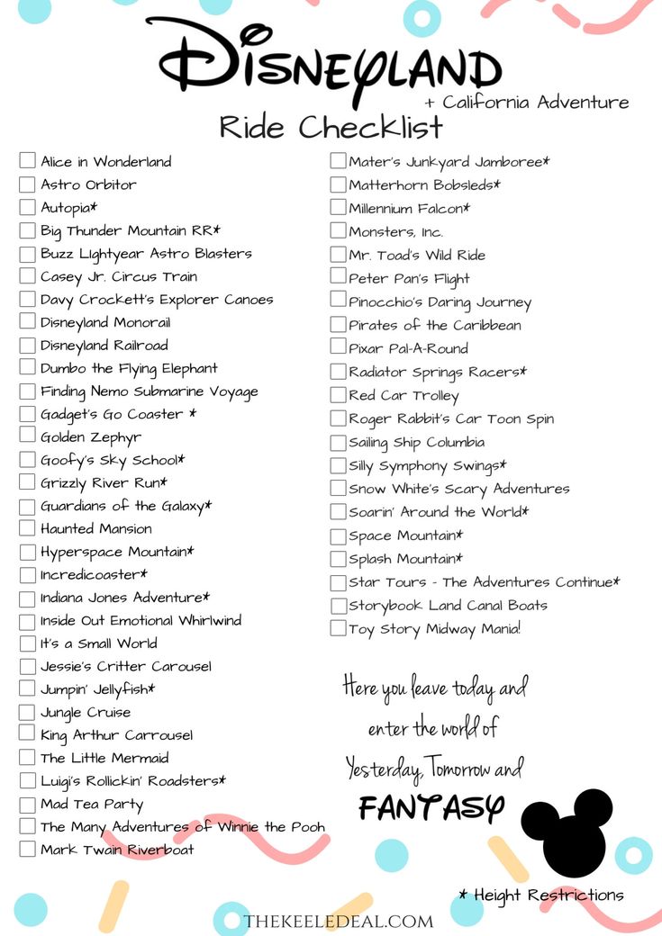 the disneyland ride checklist is shown in black and white