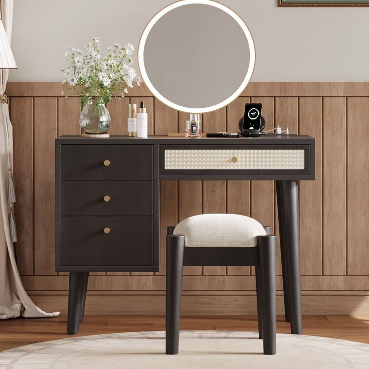 Walker Edison | 39 Retro Bohemian Style Wooden Makeup Vanity Set with Charging Plug&USB Port and Stool, Dressing Table with 3 Storage Drawers and 1 Rectangular Rattan Drawer, Black Wooden Makeup Vanity, Small Makeup Vanities, Modern Makeup Vanity, Makeup Vanity Set, Retro Bedrooms, Rattan Design, Retro Makeup, Stool Wood, Wooden Vanity