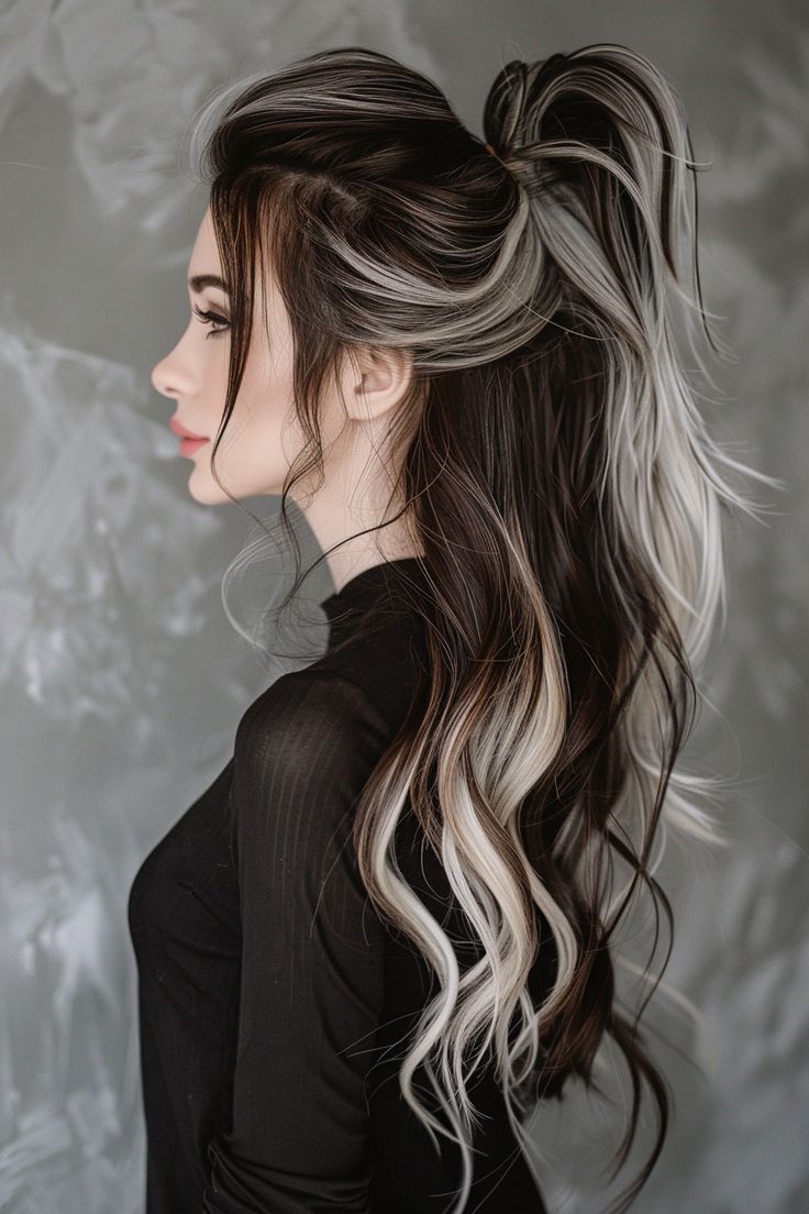 47+ Icy Blonde Balayage Hair Ideas Dark Brown With White Hair, Black Or Blonde Hair, Black Tip Blonde Hair, Black Blonde Brown Hair, Punk Wedding Hairstyles, Blonde Black And Brown Hair, Brunette Hair With Color Underneath, Blonde Hair With Dark Streaks, Long Black Hair With Brown Highlights