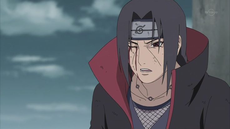 an anime character with black hair wearing a red hoodie and looking at the camera