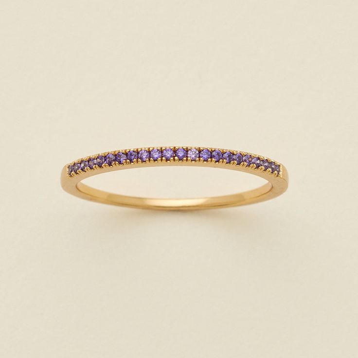 Every story is worth telling, and yours is bound to be a bestseller. The February Birthstone Stacking Band features prong-set amethyst CZ along half of the ring symbolizing peace with smooth and luminous gold vermeil bringing your story full circle. With endlessly unique stacking potential, this ring has all the makings of a classic masterpiece.