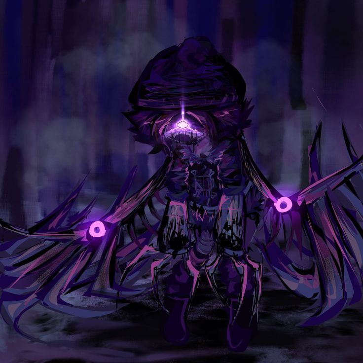 an image of a woman with purple hair and wings on her head in the dark