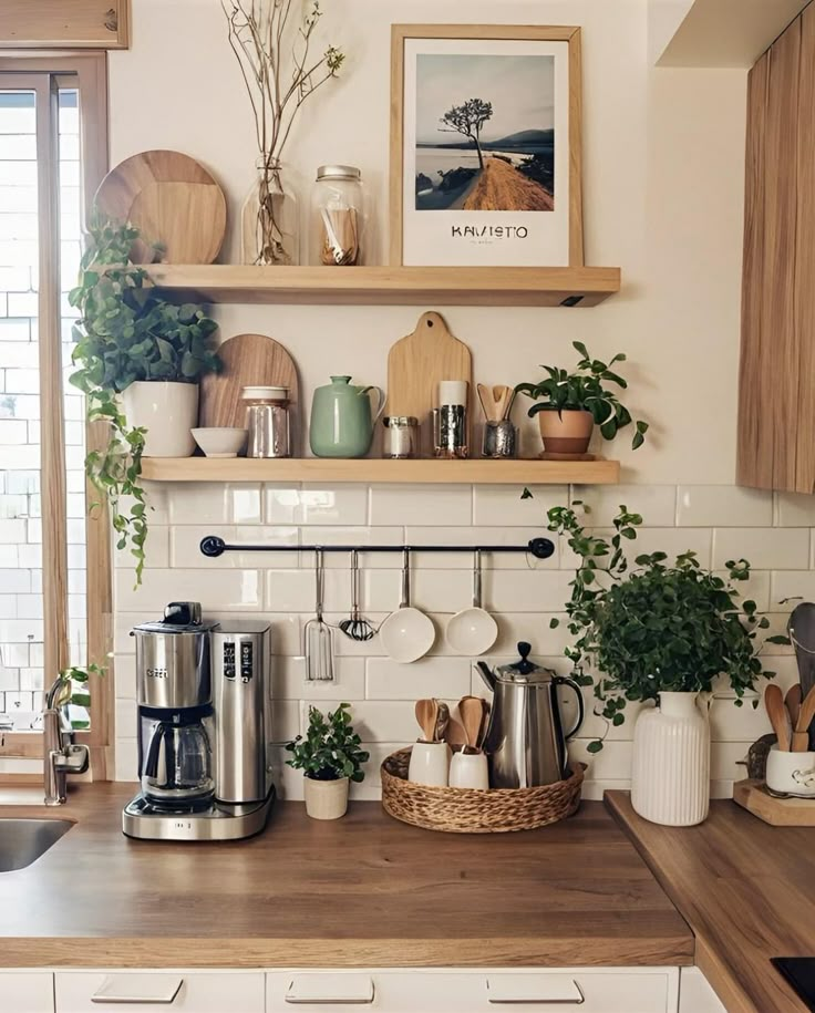 a kitchen counter with pots and pans on it