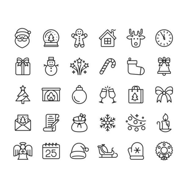 christmas and new year's eve icons in thin line art style on white background