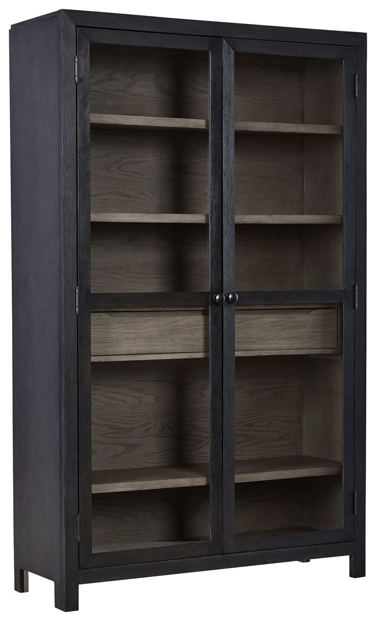 Add layers of form and function to your space with this accent cabinet. The accent cabinet's flexible design includes three adjustable shelves and a single drawer for simple and streamlined storage.  Lenston - Black / Gray - Accent Cabinet With 2 Doors 47.0"W x 16.0"D x 76.0"H - 250.0 lb  Lenston - Black / Gray - Accent Cabinet With 3 Doors 60.0"W x 16.0"D x 36.0"H - 168.0 lb Metal Front Door, Tall Bookshelves, Accent Chests, House Items, Accent Chests And Cabinets, Glass Panel Door, Accent Chest, Gray Interior, Living Styles