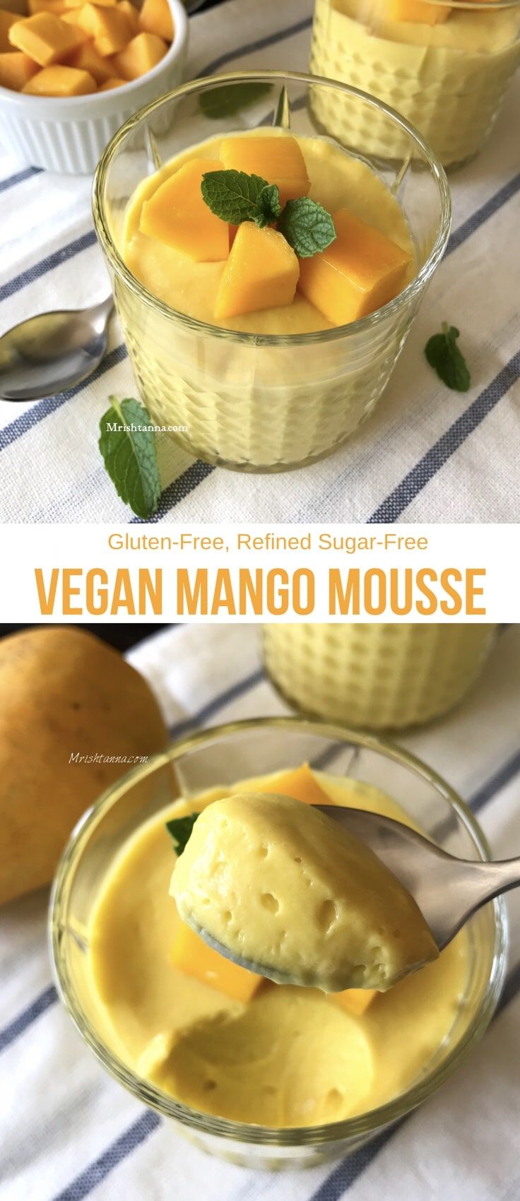 mango mousse in small glass bowls with spoons on the side and two pictures showing how to make it