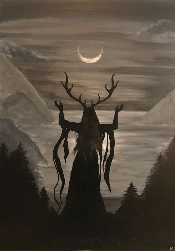 a painting of a deer with long horns standing in front of a full moon and mountains