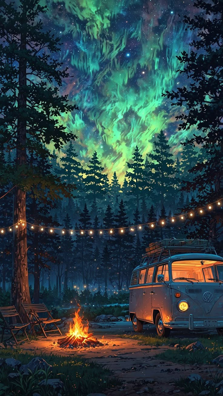 a van is parked in front of a campfire under the northern lights