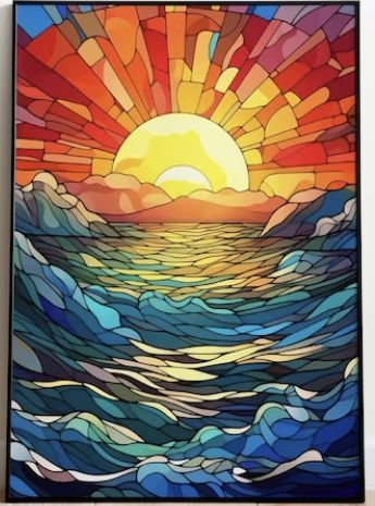 the sun is setting over the ocean in this stained glass art piece by artist person