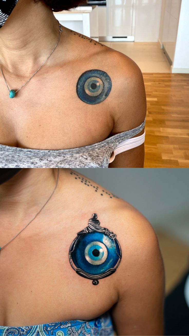 the before and after pictures of a woman's upper back shoulder with an evil eye tattoo on it