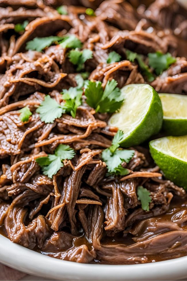 a white bowl filled with shredded beef and cilantro garnished with lime wedges