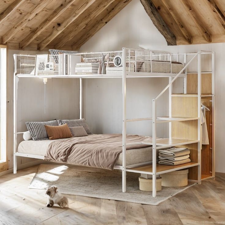 a white bunk bed sitting inside of a bedroom next to a wooden floor and ceiling