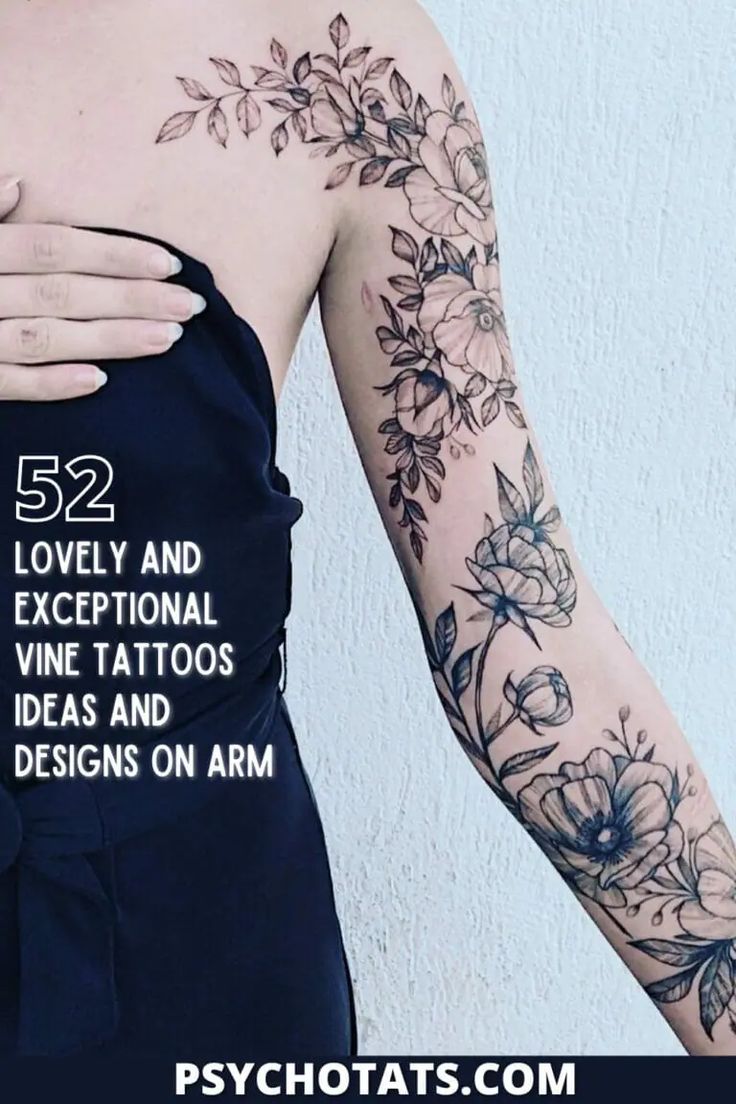 a woman wearing a black dress with flowers on her arm and the words 52 lovely and exceptional vine tattoos ideas and designs on arm