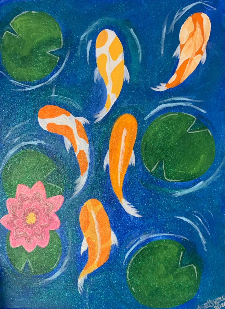 a painting of koi fish and lily pads