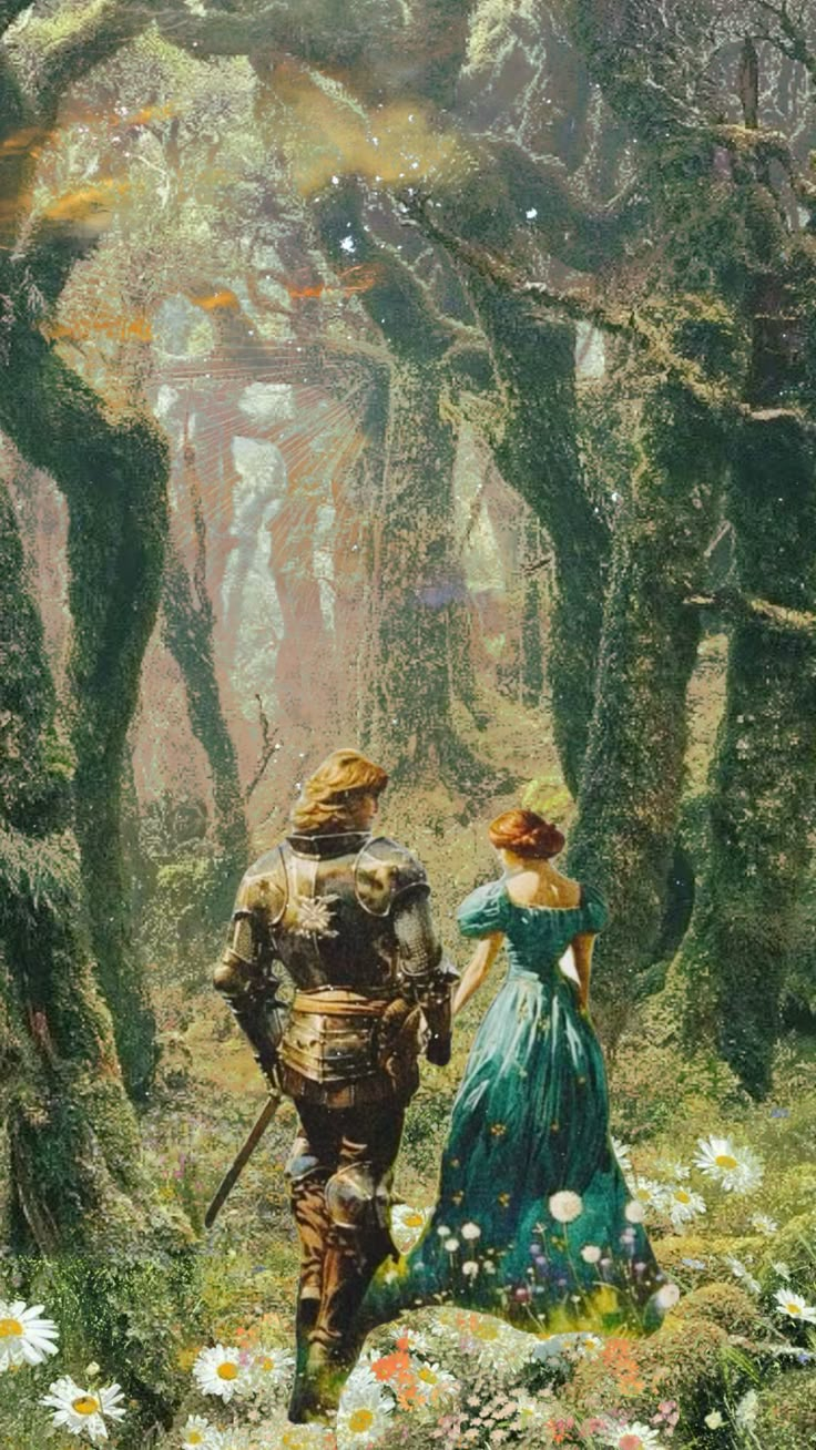 a painting of a man and woman walking through a forest