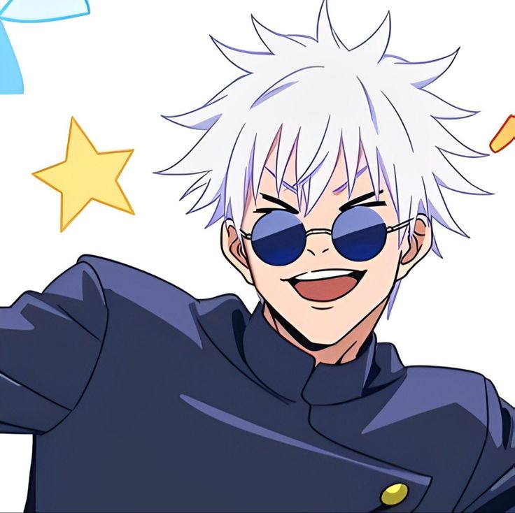 an anime character with white hair and blue sunglasses smiling at the camera while holding his arms out