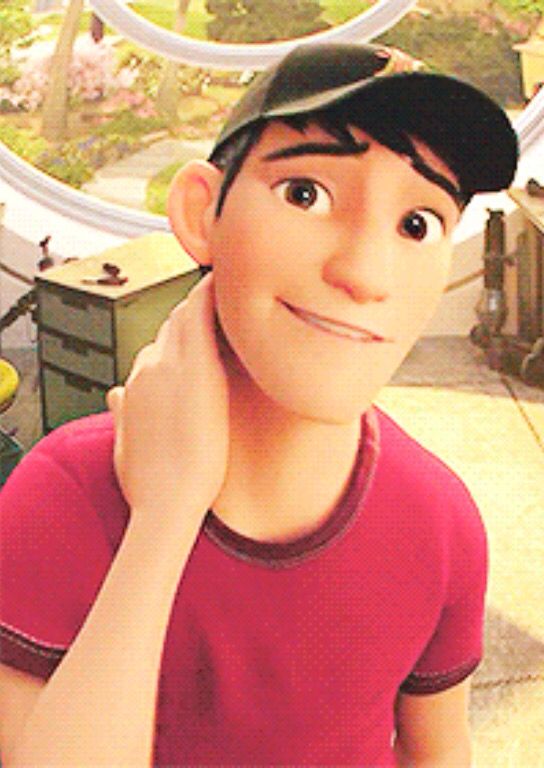 an animated image of a boy with a baseball cap on and his hand under his chin