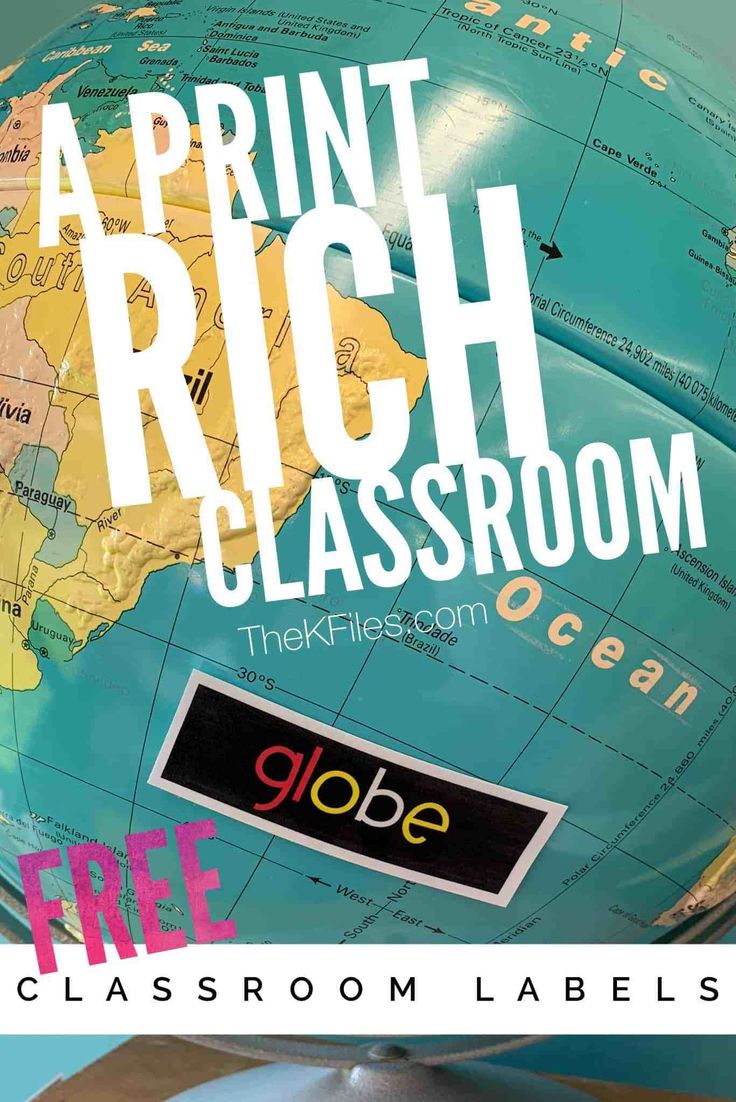 a globe with the words print rich classroom on it and an image of a globe