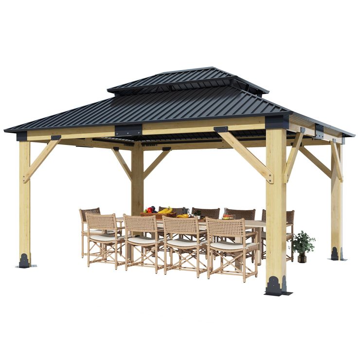 a wooden gazebo with chairs and tables under it on an isolated white background,