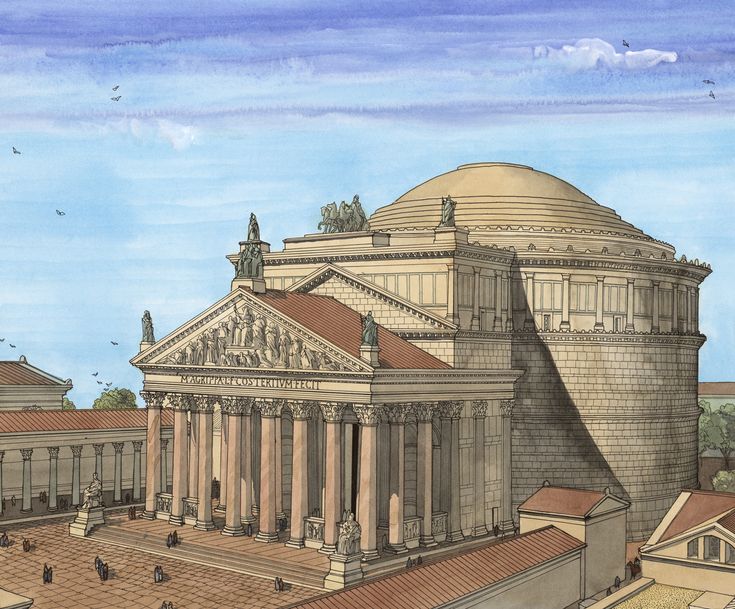 this is an artist's rendering of a large building with columns and arches on the roof