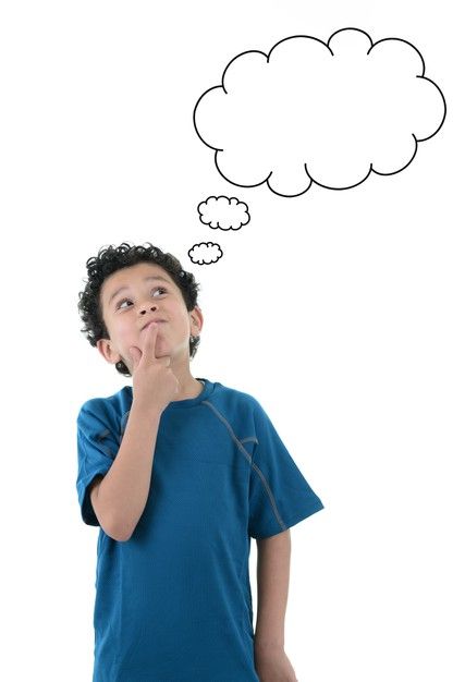 a young boy is thinking while holding his hand up to his mouth with an empty thought bubble above him