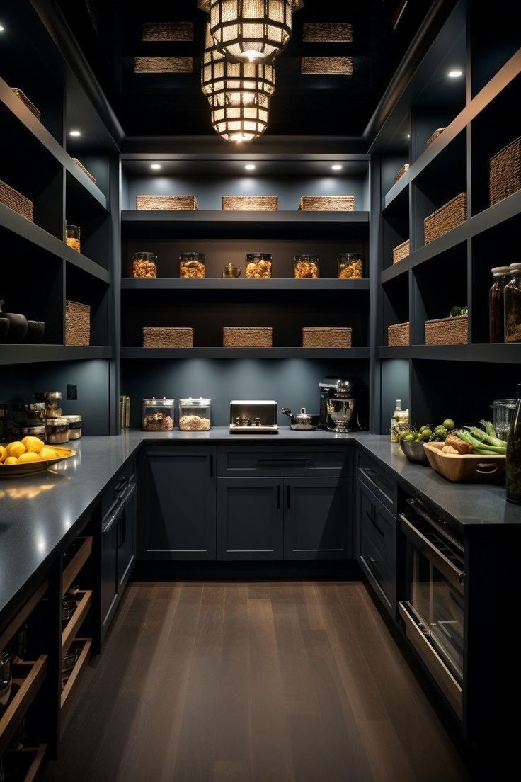 a kitchen with black cabinets and wooden flooring is lit by a chandelier