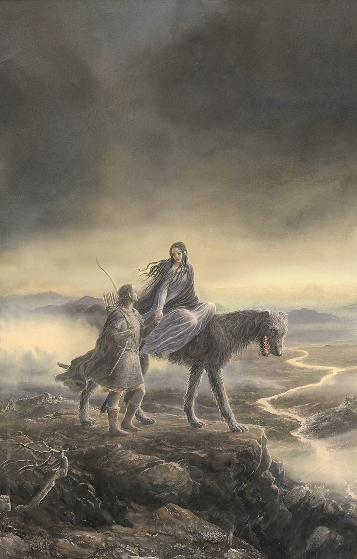 two people riding on the back of a horse in front of a dark cloudy sky