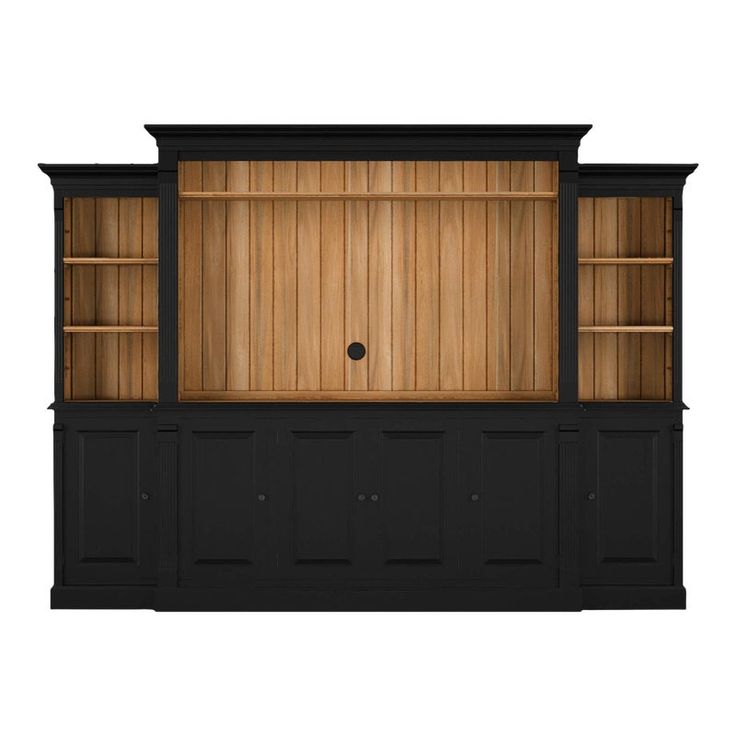 an empty entertainment center with wooden shelves and doors