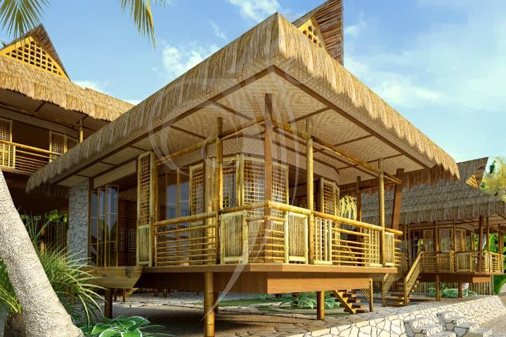 an artist's rendering of a tropical house with thatched roof and wooden balconies