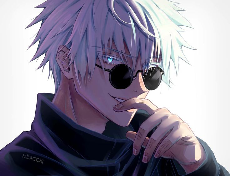 an anime character wearing sunglasses and looking to the side with his hand on his chin