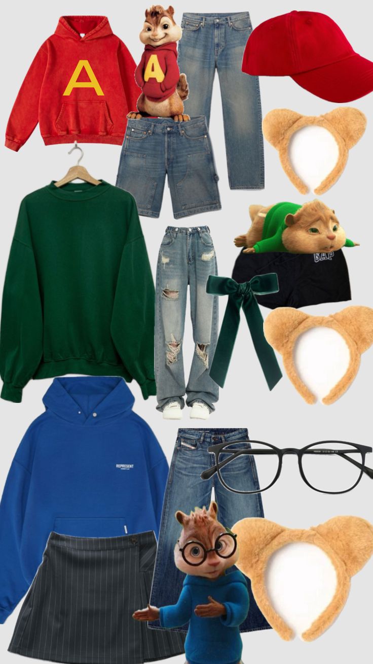 an assortment of children's clothing and accessories including hoodies, sweatshirts, jeans, glasses, hats, and stuffed animals