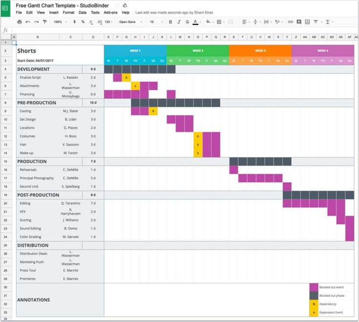 a screenshot of a project plan with multiple sections labeled in yellow, green, and purple