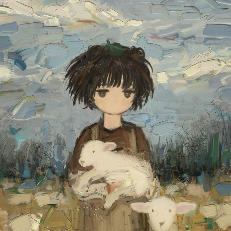 a painting of a girl holding two lambs