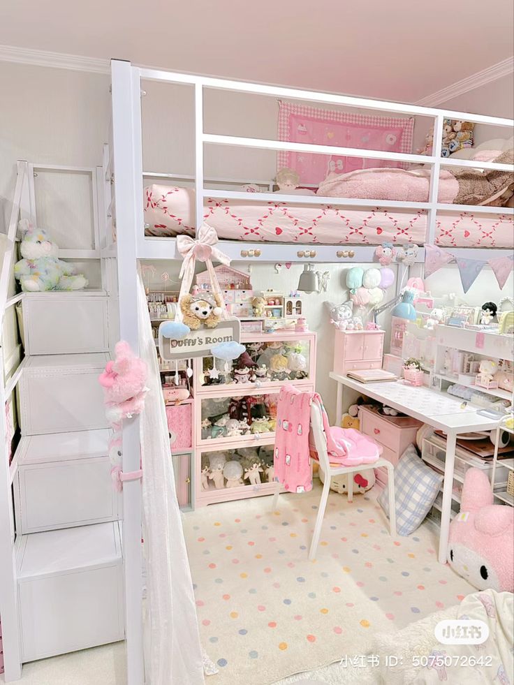 a room filled with lots of pink furniture and decor on top of white bunk beds