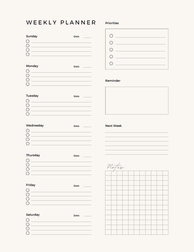 the printable weekly planner is shown in black and white, with lines on it