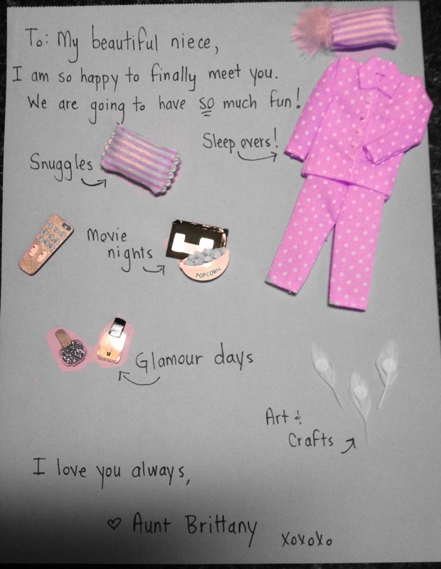 a handmade card with clothes and other items on it, including a paper doll