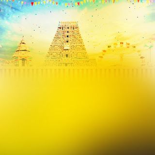 an artistic painting of a temple in the middle of a yellow and blue sky with confetti on it