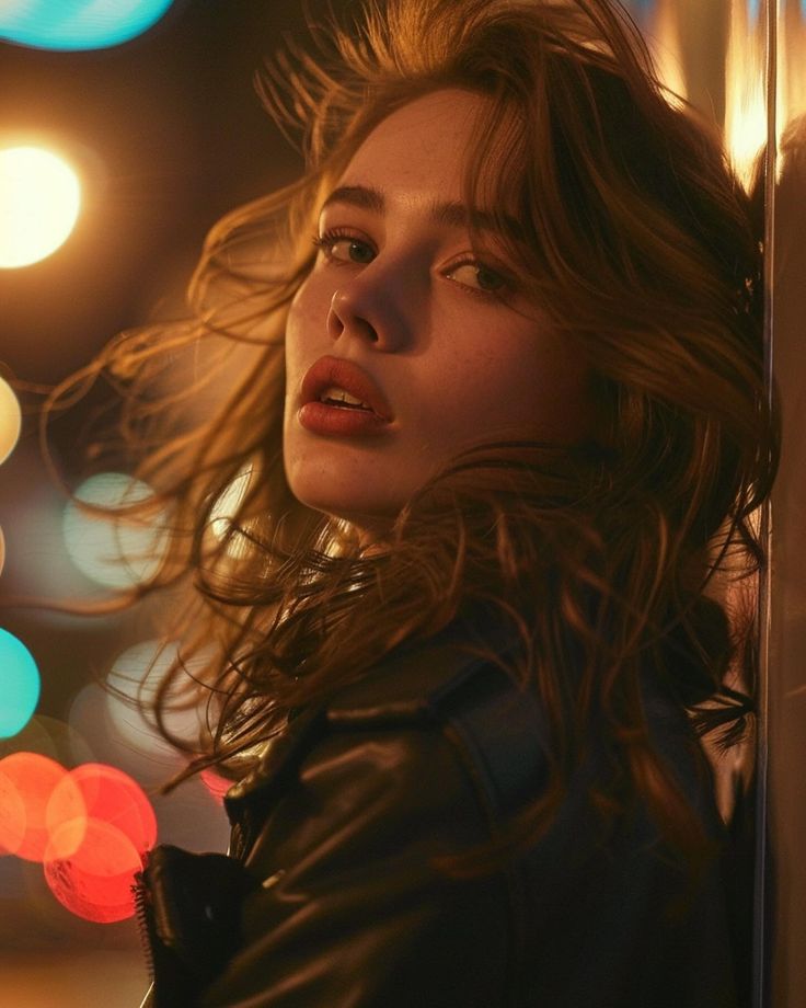 a woman standing next to a pole with her hair blowing in the wind at night