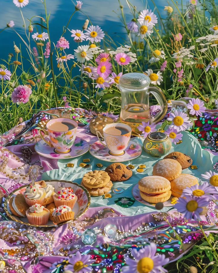 a table topped with plates and cups filled with pastries next to flowers on the ground