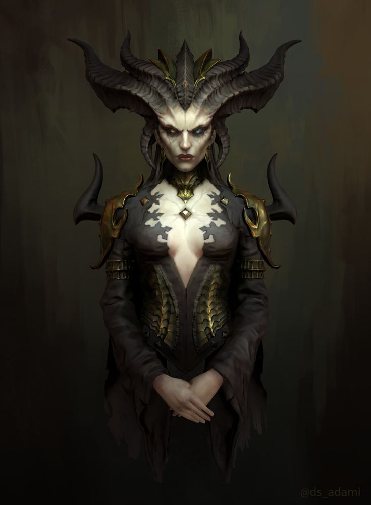 a woman with horns on her head standing in front of a dark background