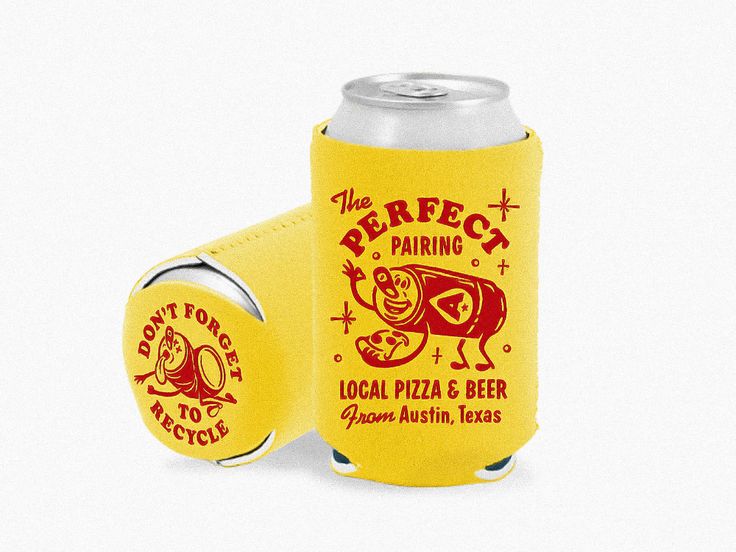 a yellow can cooler with the words perfect pairing on it and an image of a pig