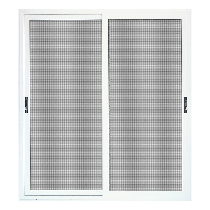 an open sliding glass door with white frame and mesh screen on the outside side of it