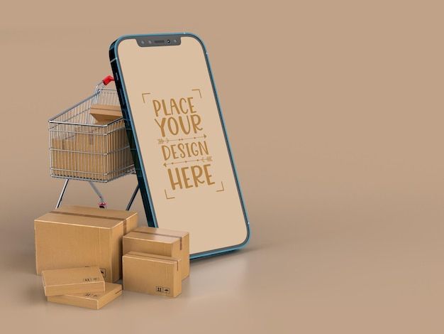 there is a cell phone next to some cardboard boxes and a shopping cart with a sign that says, please your design here