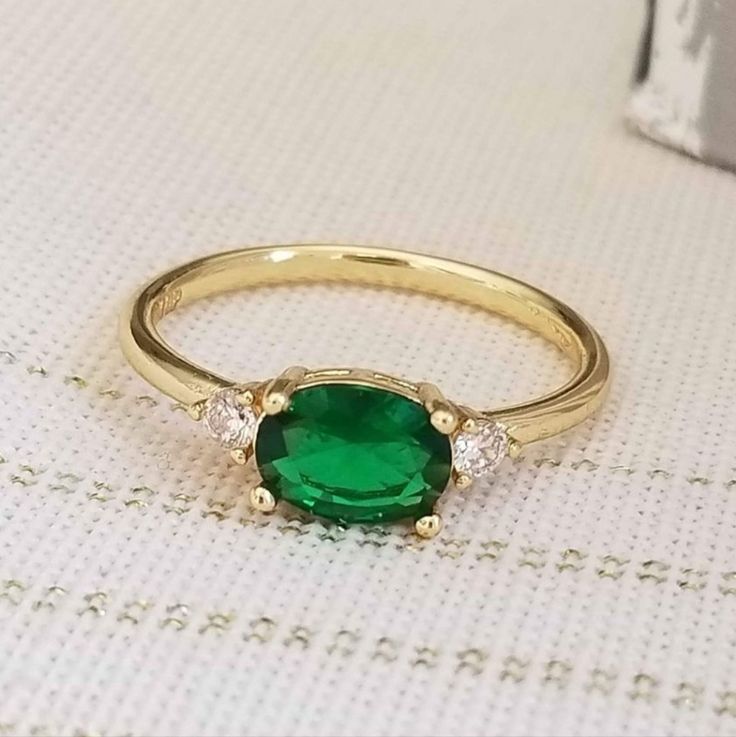 New 18k Gold Plated Oval Cut Emerald Diamond Ring For Women All Photos Are From The Actual Item. No Stock Photo Is Used. Color May Slightly Differ Due To Lighting. All Gemstones Are Simulated. Comes With A Jewelry Box. Please Check Out My Other Jewelry. Same Day Shipping. Emerald Birthstone Ring, Delicate Gold Ring, Diamond Ring For Women, Natural Emerald Rings, Emerald Rings, Emerald Diamond Ring, Womens Jewelry, Emerald Stone, Emerald Diamond