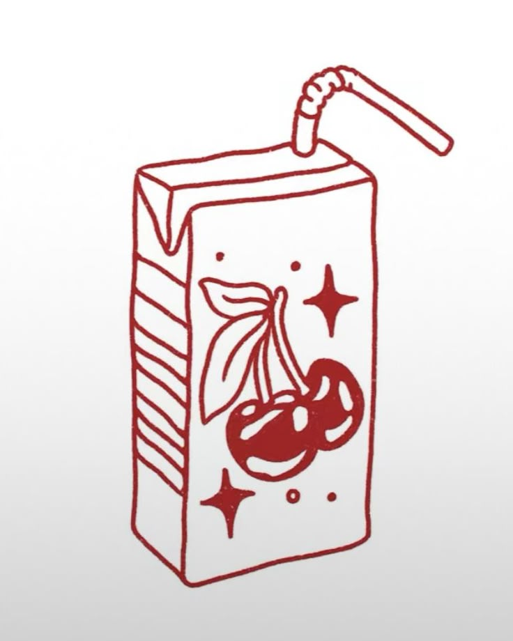 a drawing of a cherry juice carton with a straw and cherries on it