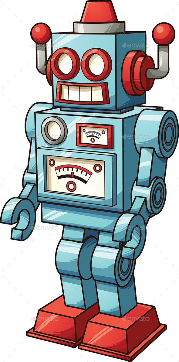 a blue and red robot with big eyes, standing in front of a white background