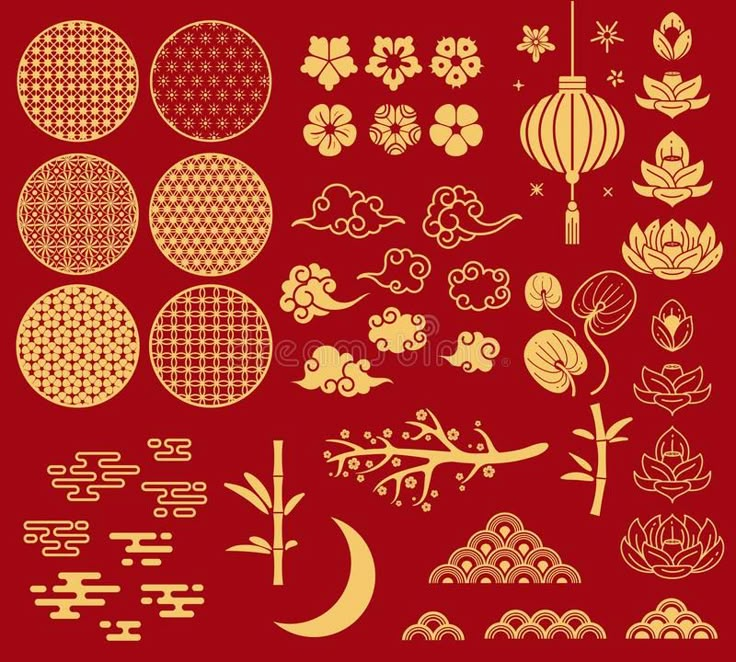 Chinese new year elements. Festive asian ornaments, patterns in oriental style. Clouds, moon and bamboo, sakura and royalty free illustration New Year Elements, Asian Style Art, Chinese Ornament, Visuell Identitet, Zestaw Ikon, Chinese New Year Card, Chinese New Year Design, Chinese Flower, New Year Illustration