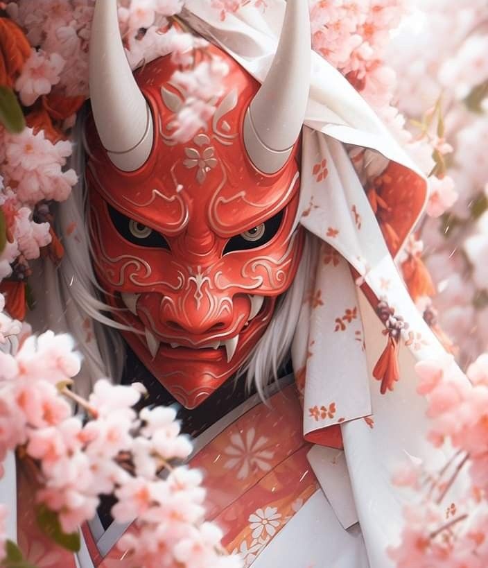 a red mask with horns and white hair surrounded by pink flowers