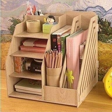 a wooden desk organizer with books and other office supplies